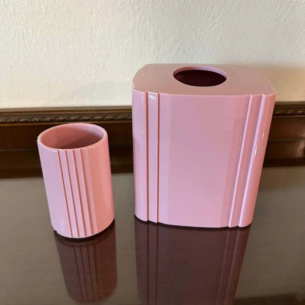 Vintage 80s Pink Plastic Bathroom Set Tissue Box Cover Tumbler Ribbed Art Deco